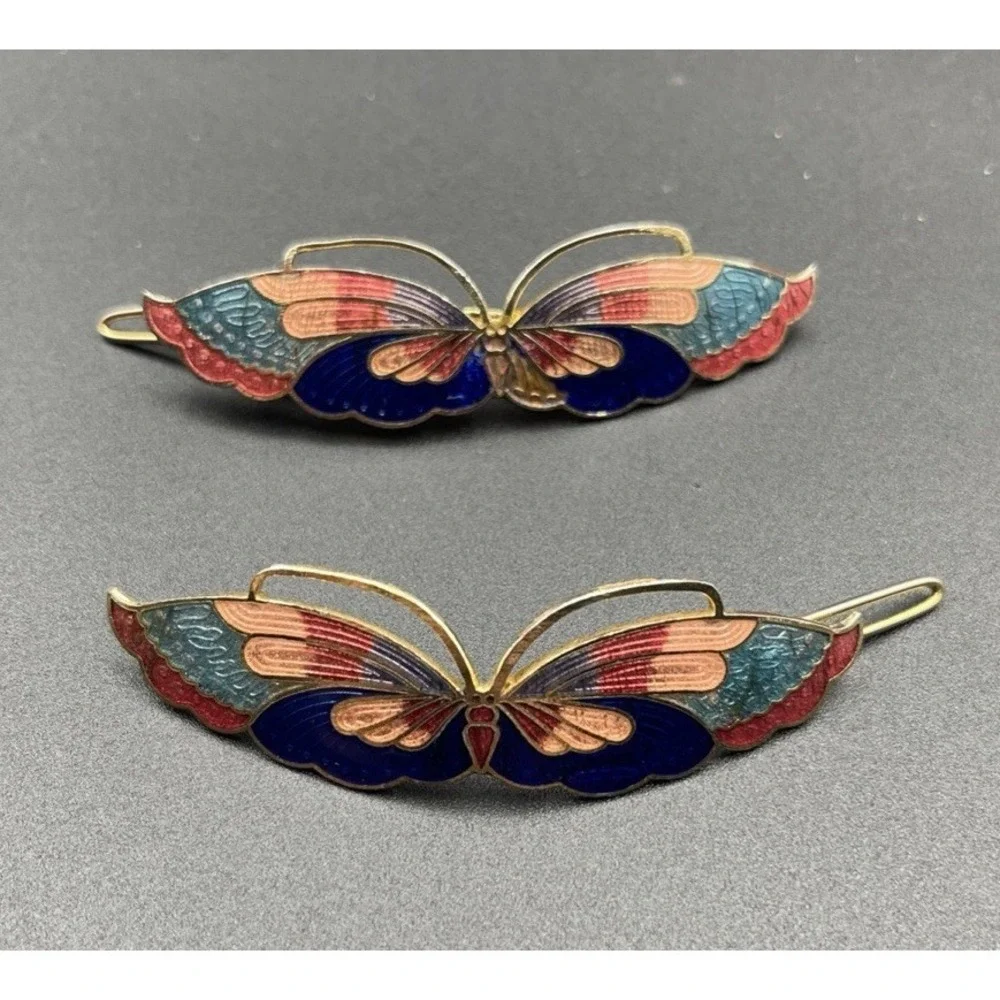 Vintage Enamel Butterfly Barrettes Pair Gold Tone Hair Clips Cloisonne Style‎